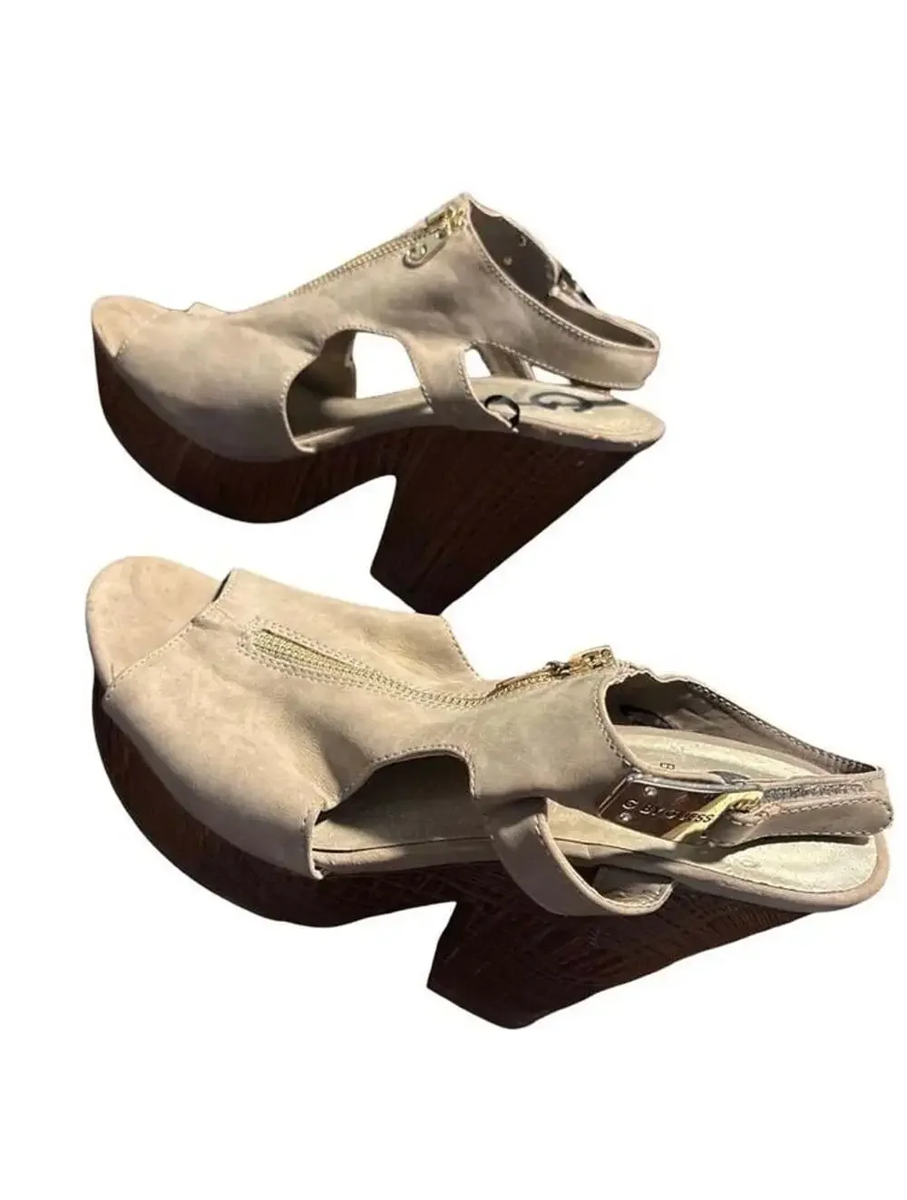 G by GUESS Taupe Platform Wedge Sandals Women's 10M Zip Front Peep Toe